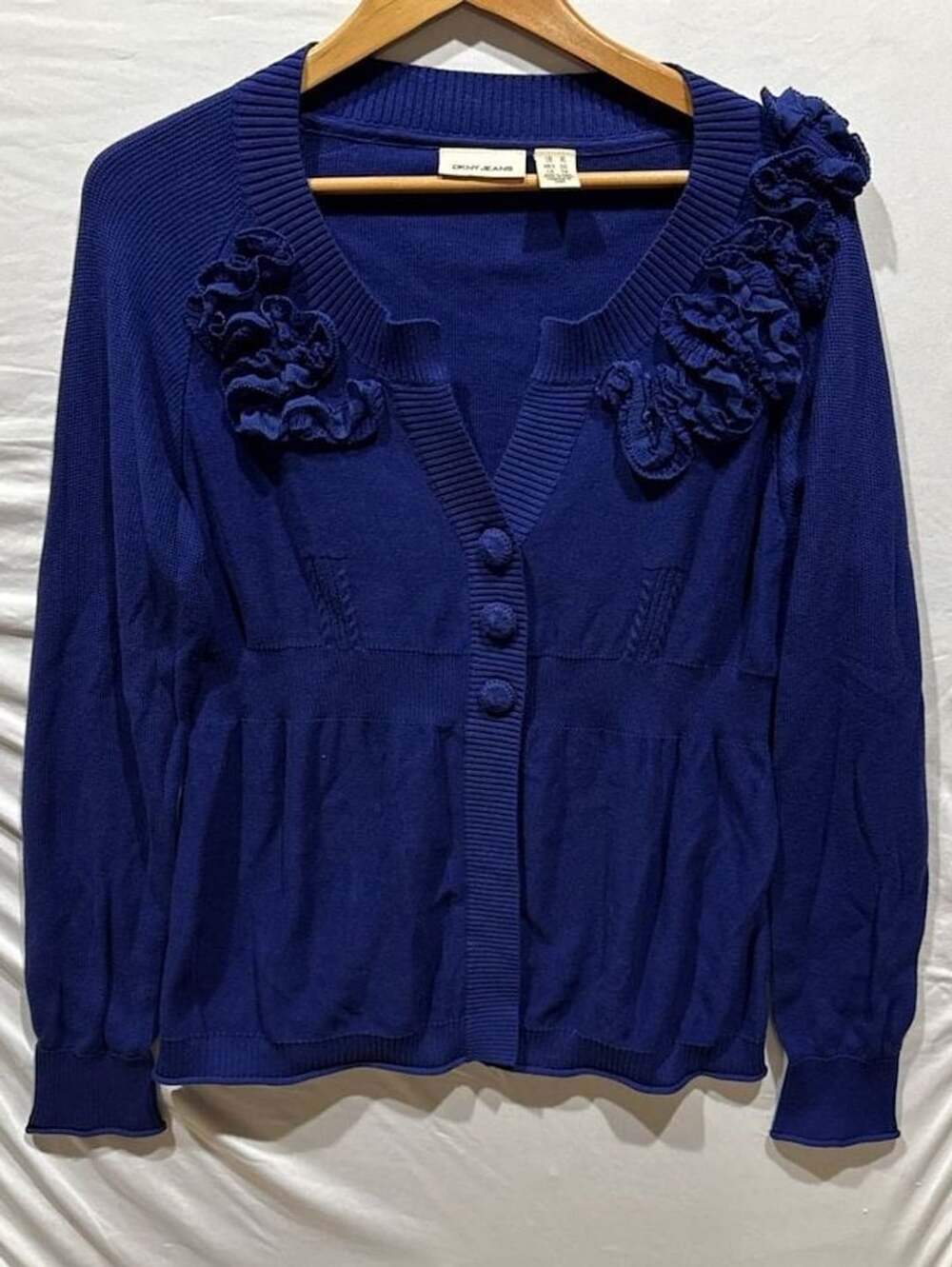 DKNY Jeans Blue Ruffled Cardigan Size XL